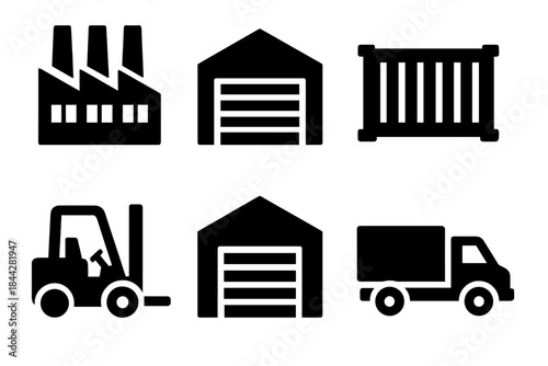 Logistics and warehousing silhouette icons set. featuring factory, warehouse, container, forklift, and delivery truck