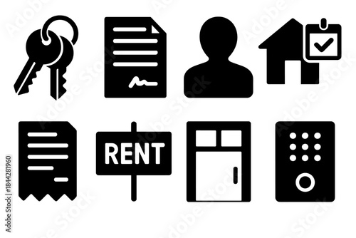 Real estate silhouette icon set. featuring keys, contract, person, house, document, rent sign, door, intercom panel