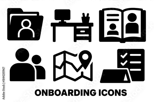 Onboarding process silhouette icon set. featuring folders, desks, books, people, maps, and checklists symbols