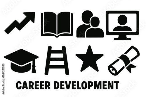 Career development silhouette icon set. featuring growth, book, networking, online meeting, graduation, ladder, achievement, and diploma