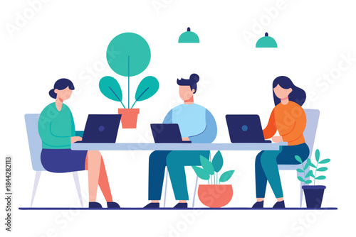 Flat Vector Illustration of Office Team Working Together at Workspace