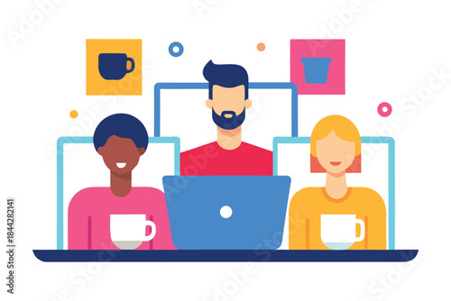 Flat Vector Illustration of Diverse Team Working on Computers Together