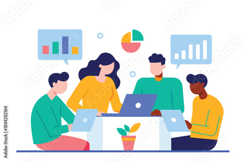 Flat Vector Illustration of Team Brainstorming and Project Planning