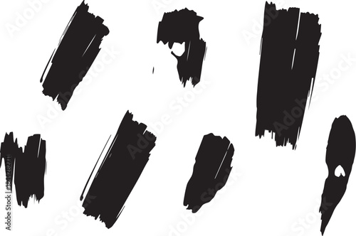Brush set. Vector black paint brush spots, highlighter lines or felt-tip pen marker. Ink smudge abstract shape stains and smear set with texture