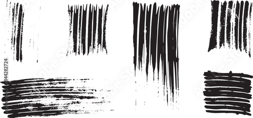 Brush set. Vector black paint brush spots, highlighter lines or felt-tip pen marker. Ink smudge abstract shape stains and smear set with texture
