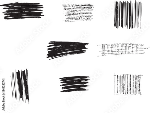 Brush set. Vector black paint brush spots, highlighter lines or felt-tip pen marker. Ink smudge abstract shape stains and smear set with texture