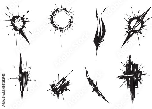 Brush set. Vector black paint brush spots, highlighter lines or felt-tip pen marker. Ink smudge abstract shape stains and smear set with texture