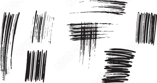 Brush set. Vector black paint brush spots, highlighter lines or felt-tip pen marker. Ink smudge abstract shape stains and smear set with texture