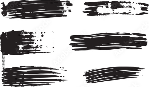 Brush set. Vector black paint brush spots, highlighter lines or felt-tip pen marker. Ink smudge abstract shape stains and smear set with texture