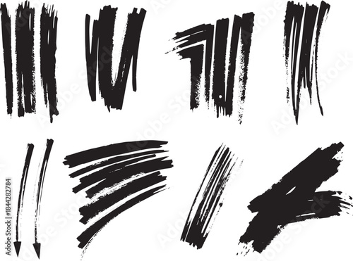 Brush set. Vector black paint brush spots, highlighter lines or felt-tip pen marker. Ink smudge abstract shape stains and smear set with texture