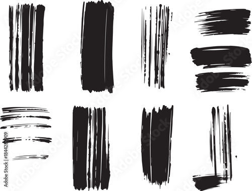 Brush set. Vector black paint brush spots, highlighter lines or felt-tip pen marker. Ink smudge abstract shape stains and smear set with texture