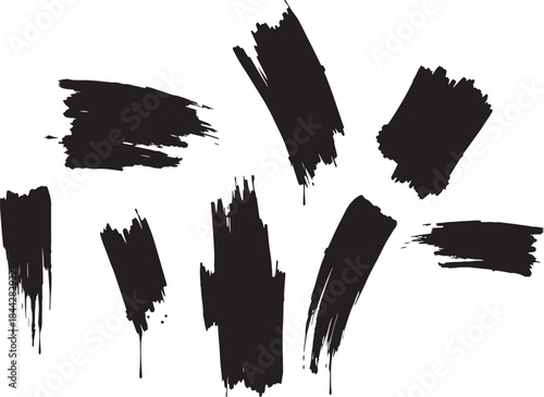 Brush set. Vector black paint brush spots, highlighter lines or felt-tip pen marker. Ink smudge abstract shape stains and smear set with texture