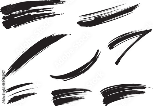 Brush set. Vector black paint brush spots, highlighter lines or felt-tip pen marker. Ink smudge abstract shape stains and smear set with texture