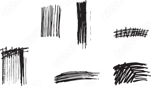 Brush set. Vector black paint brush spots, highlighter lines or felt-tip pen marker. Ink smudge abstract shape stains and smear set with texture