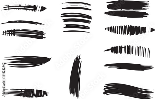 Brush set. Vector black paint brush spots, highlighter lines or felt-tip pen marker. Ink smudge abstract shape stains and smear set with texture