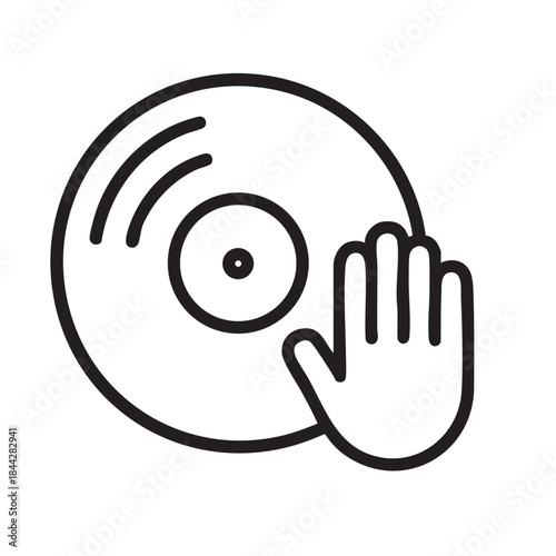 A simple black and white outline illustration of a vinyl record with a hand gesture nearby