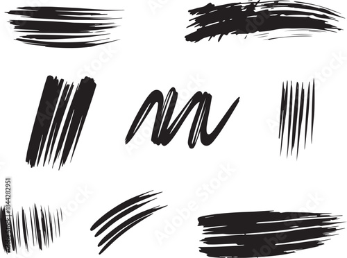 Brush set. Vector black paint brush spots, highlighter lines or felt-tip pen marker. Ink smudge abstract shape stains and smear set with texture