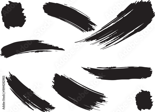 Brush set. Vector black paint brush spots, highlighter lines or felt-tip pen marker. Ink smudge abstract shape stains and smear set with texture