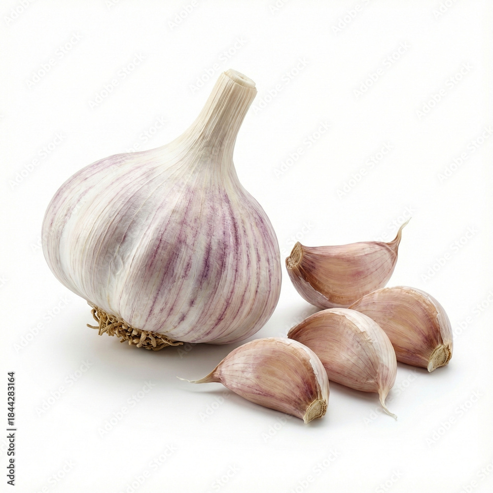 Obraz premium featuring a whole garlic bulb next to several separated, unpeeled cloves with full depth of field.