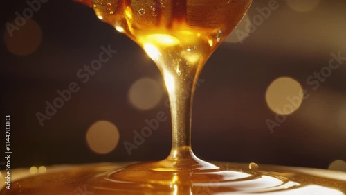 Macro shot of golden honey dripping from wooden comb into glass jar with bubbles, creating glossy texture and warm light effects