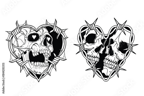 Conceptual vector artwork depicting two stylized hearts, each intricately combined with menacing barbed wire and detailed skull imagery, symbolizing emotional pain, danger, and fragile love