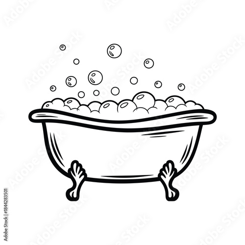 A simple black and white illustration of a clawfoot bathtub with bubbles