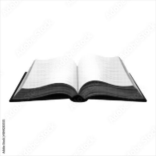 Open book in black and white halftone dot style. Minimal vintage illustration symbolizing education, knowledge, reading, learning, study and literature. Isolated on white background.