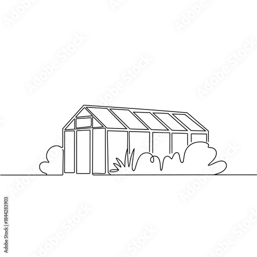 Simple line drawing of a greenhouse with surrounding foliage artwork