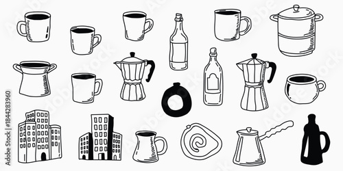 Black and white coffee and wine isolated on transparent background