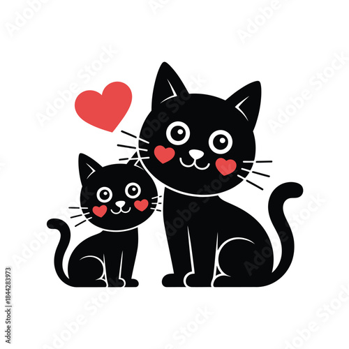 A loving black cat and kitten with a red heart illustration