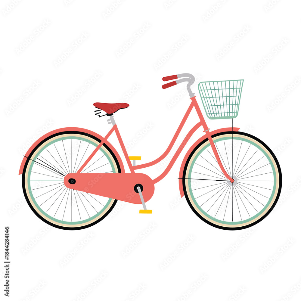Fototapeta premium A charming illustration of a vintage coral bicycle with a basket