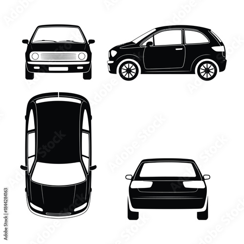 Black car design schematics showing front side top and rear views