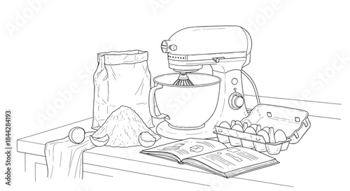 Baking Ingredients and Mixer on Kitchen Counter