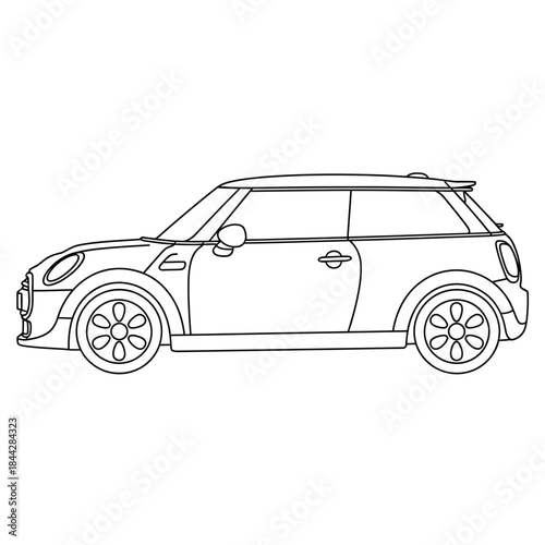 A simple line drawing showcases the side profile of a mini cooper car