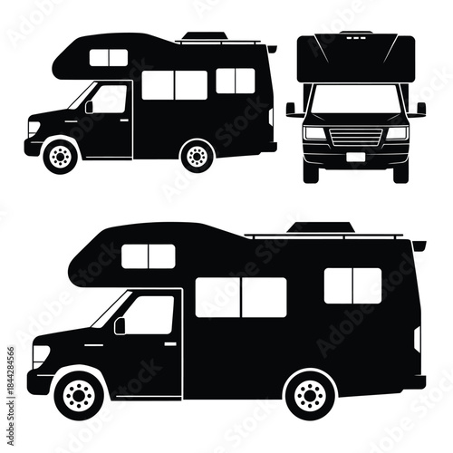 Detailed black silhouette drawings of recreational vehicles from multiple angles