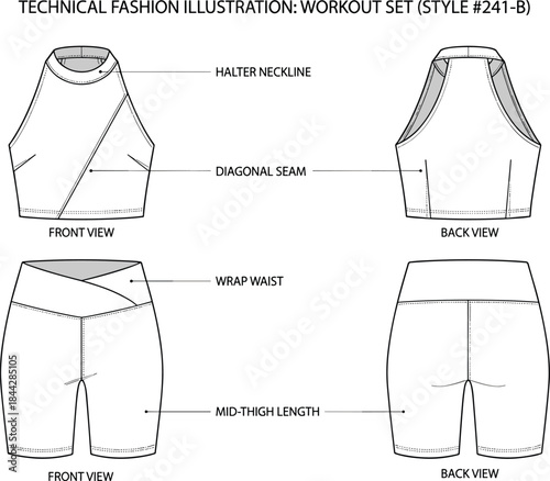 Workout, set, fashion, illustration, halter, neckline, diagonal, seam, wrap, waist, mid-thigh, activewear, technical, sketch, front, back, view, garment, design, flat vector illustration