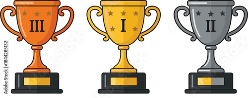 Vector illustration of first, second, and third place award trophies in gold, silver, and bronze colors for competitions and achievements.