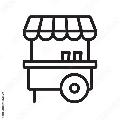 A simple black and white line drawing depicts a retail vendor cart with a striped awning and a wheel