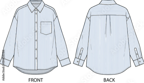 Shirt, button-up, long-sleeve, striped, fashion, sketch, technical, flat, collar, pocket, cuff, pleat, yoke, front, back, view, garment, design, apparel, flat vector illustration