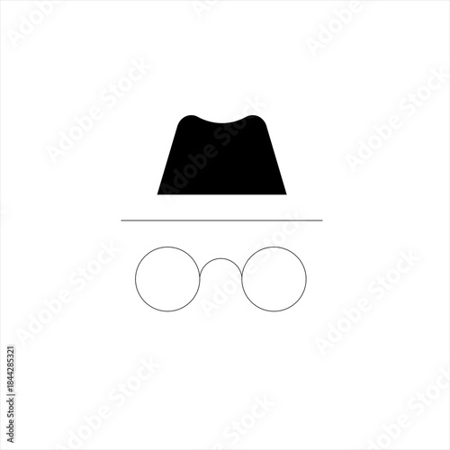 Minimalist silhouette of a hat and glasses representing anonymity or disguise