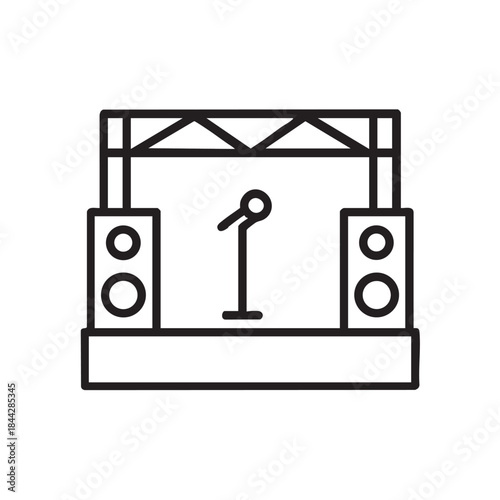 A simple black and white illustration of a stage with a microphone and speakers ready for performance