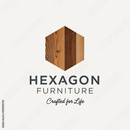 Hexagon Furniture Logo with Wood Grain Texture and Crafted for Life Slogan.