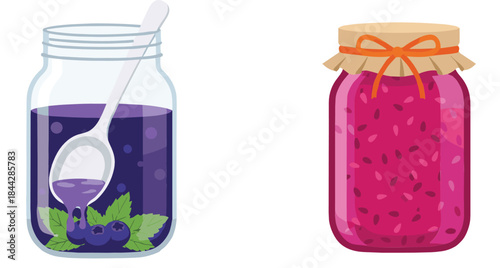Vector illustration of glass jars filled with homemade fruit jam and berries, featuring colorful ingredients, spoon, and decorative jar packaging.