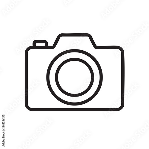 A minimalist black and white line drawing depicts a classic single lens reflex camera with a prominent lens