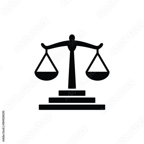 A simple black and white illustration of scales of justice shown here