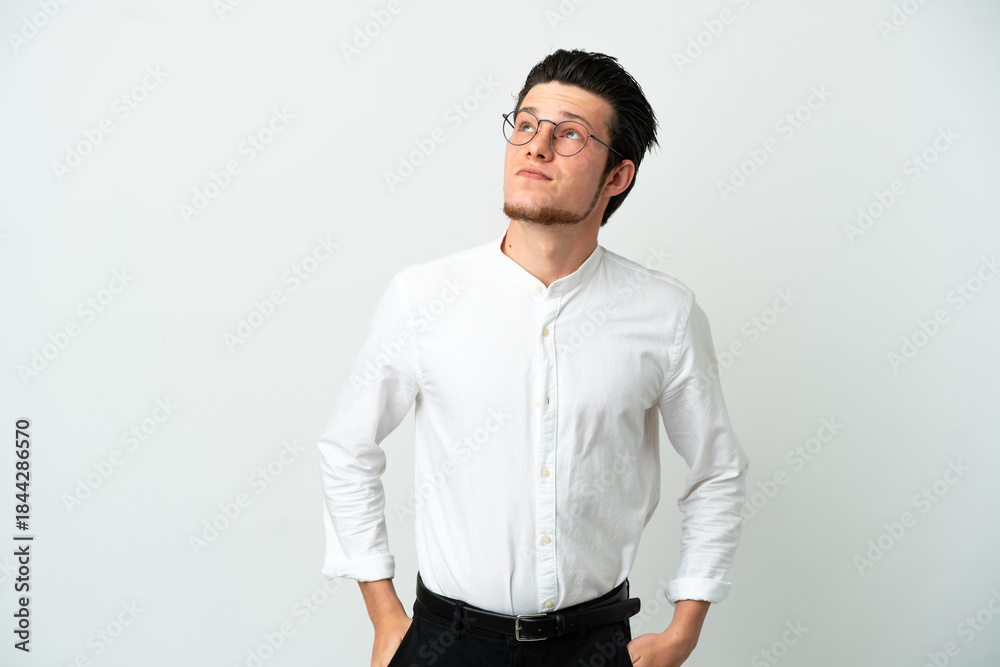 Fototapeta premium Russian Business man isolated on white background and looking up