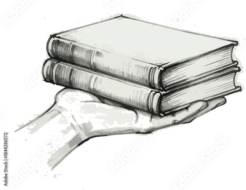 Hand Holds Education: A hand, meticulously drawn, cradles a stack of two books, symbolizing the weight and value of knowledge, literacy, and the pursuit of wisdom.