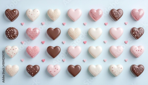 ハート型のスイーツがたくさん並んだガーリーな背景、Girly Background with Many Heart-Shaped Sweets
