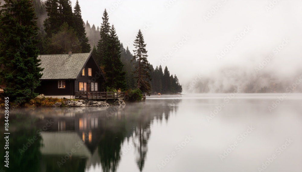 Fototapeta premium もやのかかる美しい雲路の日の湖畔 / Misty Lakeside on a Beautiful Cloudy Day 
