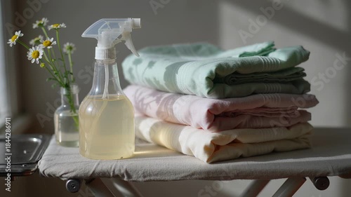 Stack of towels lies on ironing board with spray nearby. Cleaning and housekeeping concept, showing neat laundry and domestic care in home environment.